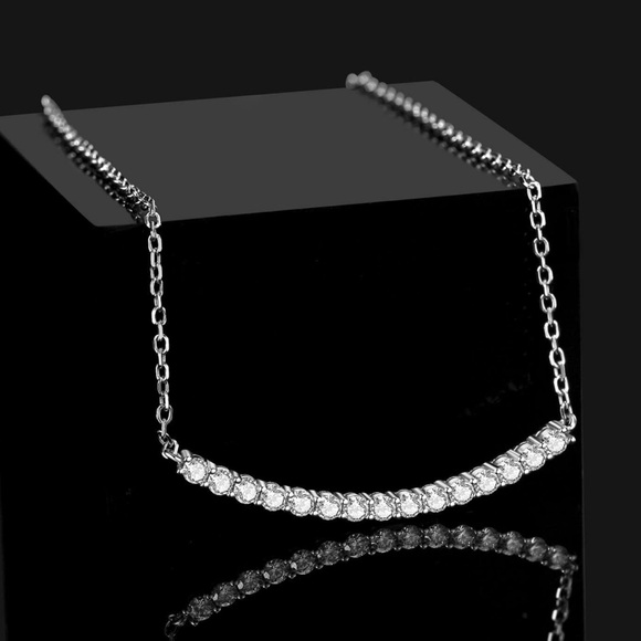 Diamonds On The Square Jewelry - Certified 1 Carat Diamond Curved Bar Necklace ~ 14k White Gold Dainty Moissanite